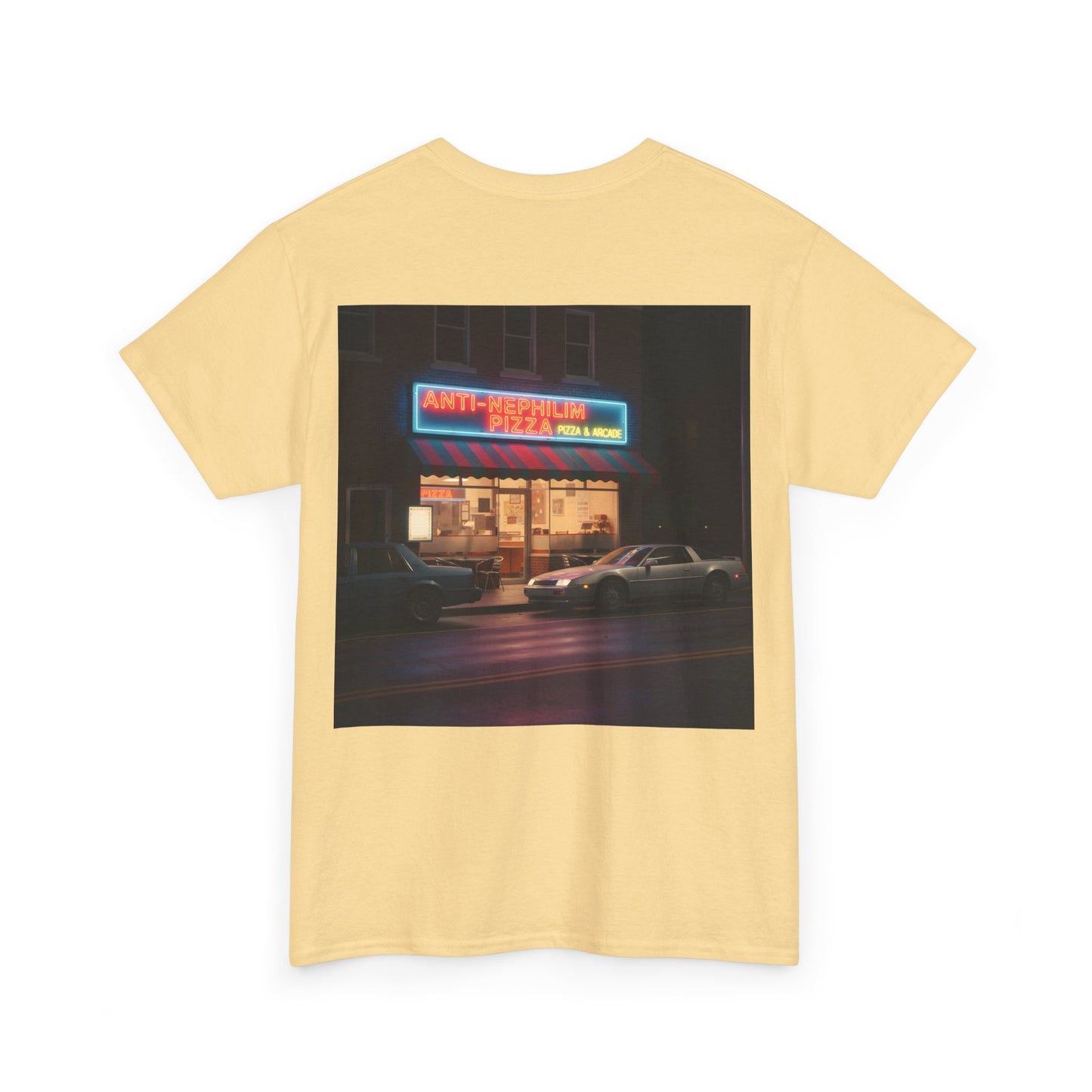 Retro neon pizza place anti nephilim t shirt (unisex), Kirk Ave. Apparel