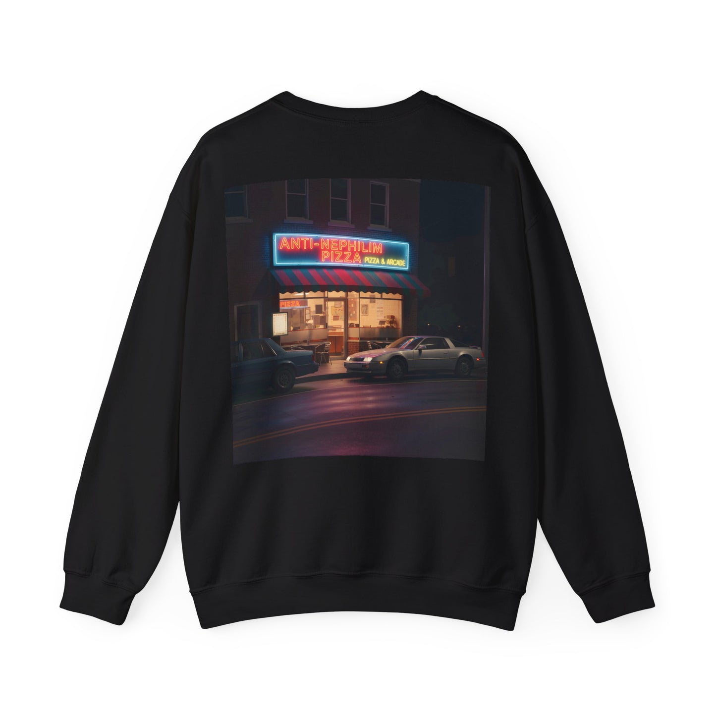 Retro neon pizza place anti nephilim sweatshirt (unisex), Kirk Ave. Apparel