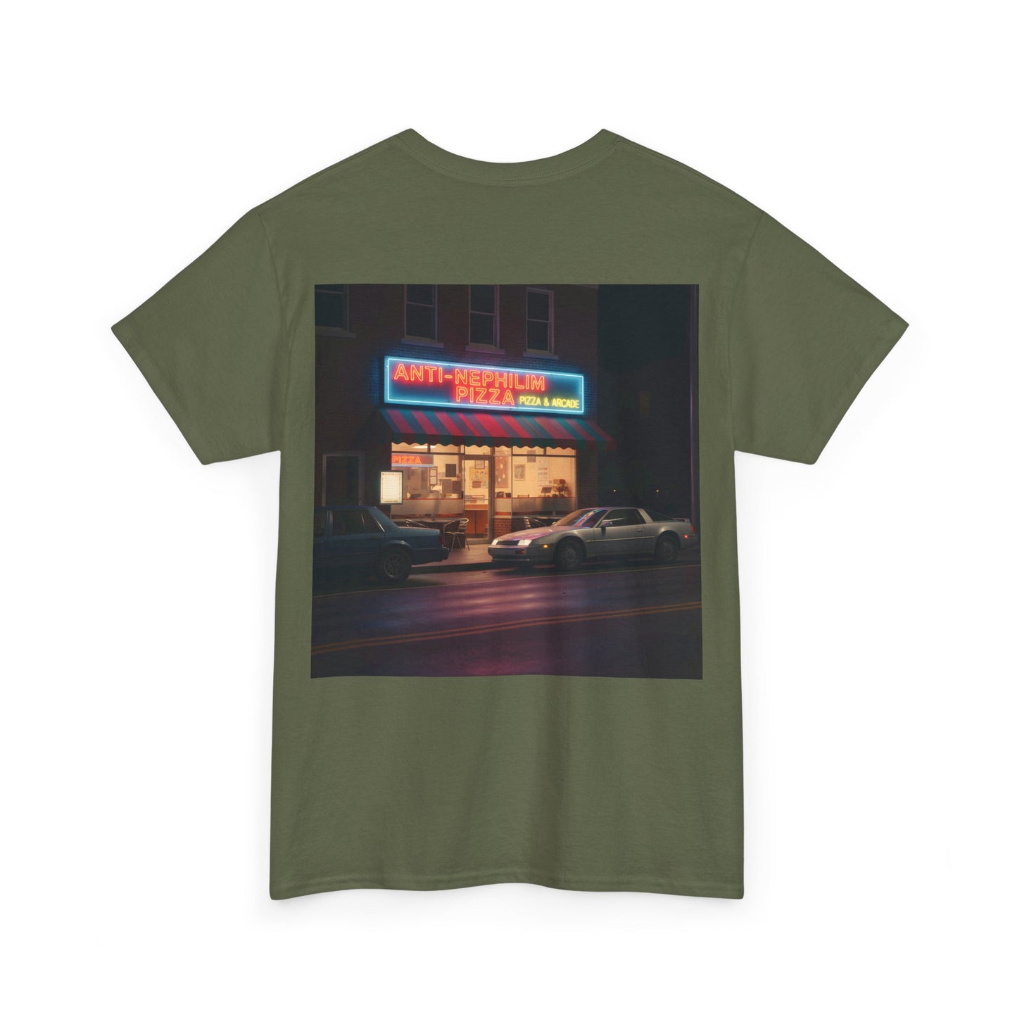 Retro neon pizza place anti nephilim t shirt (unisex), Kirk Ave. Apparel
