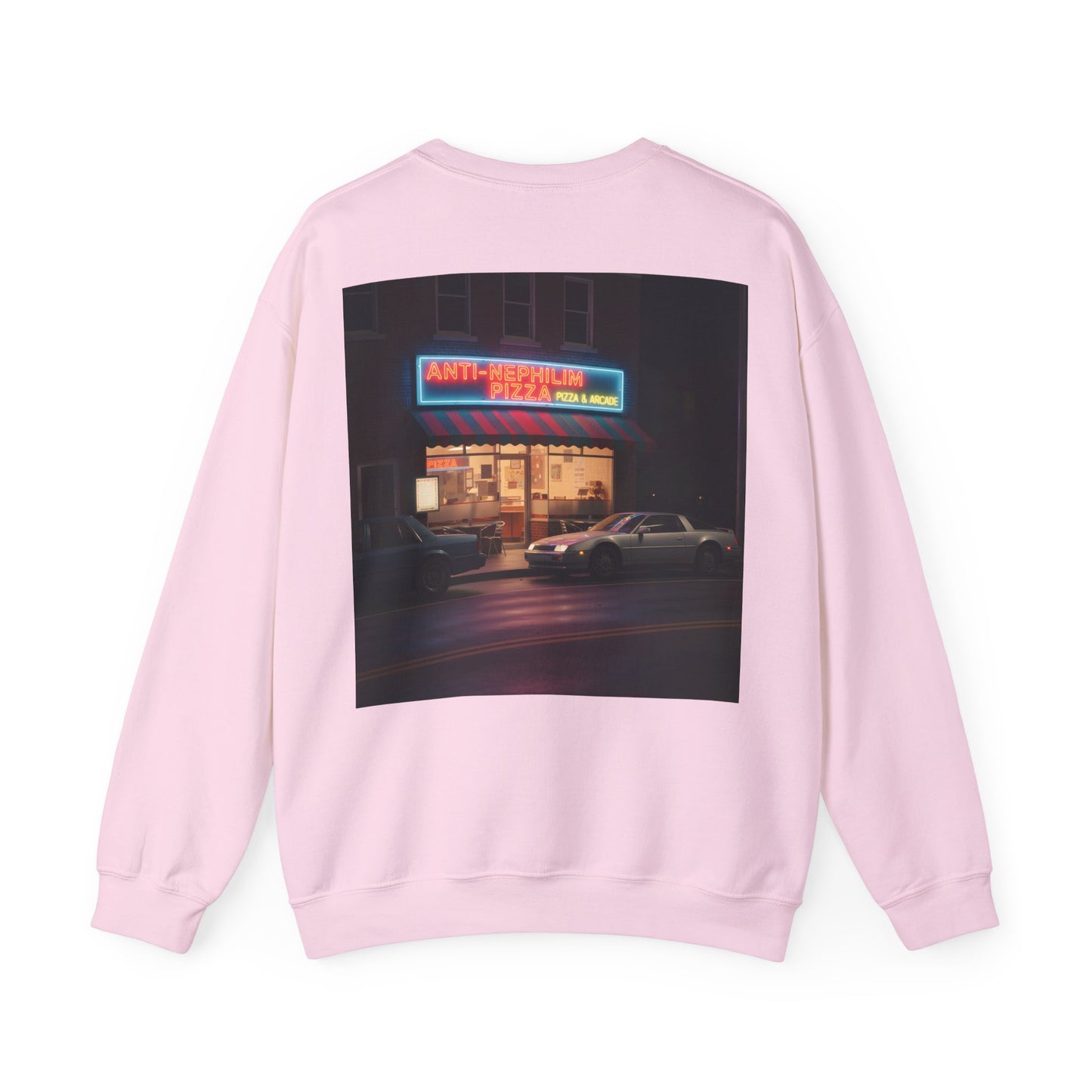 Retro neon pizza place anti nephilim sweatshirt (unisex), Kirk Ave. Apparel