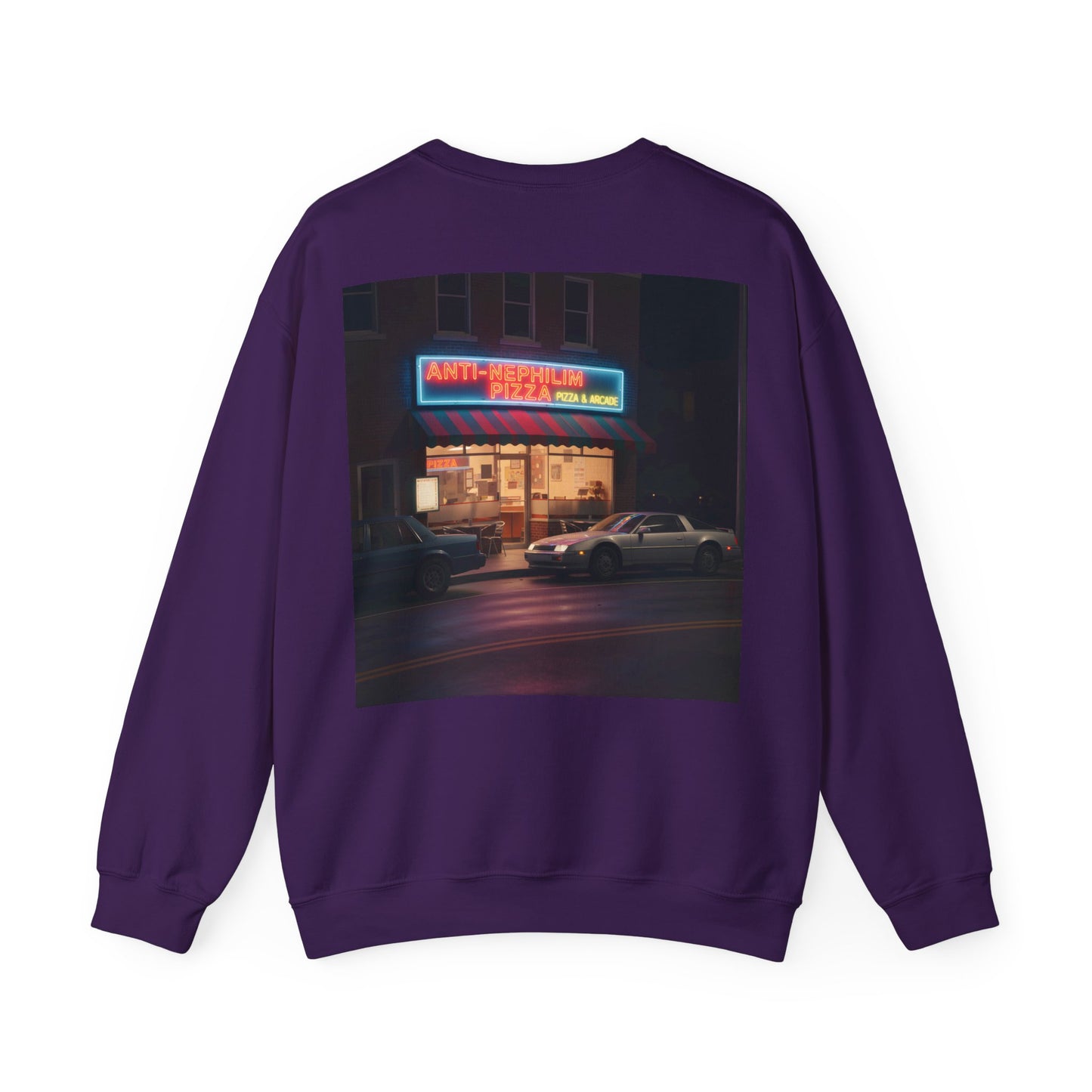 Retro neon pizza place anti nephilim sweatshirt (unisex), Kirk Ave. Apparel